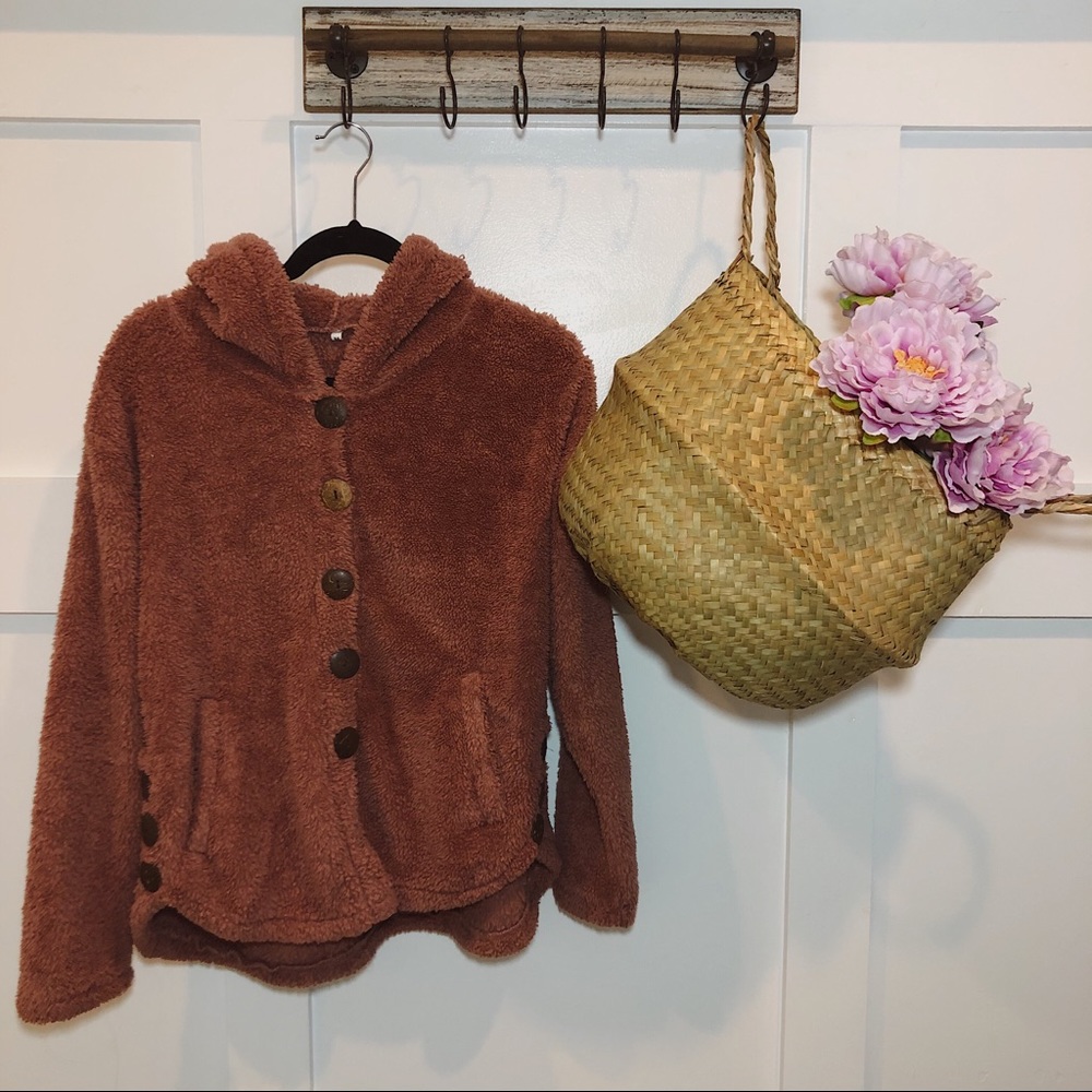 Mauve Sherpa Wood Button Detail Hoodie